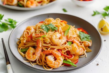a stir-fried rice noodles with shrimps in dark gray bowl