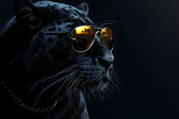 Foto op Plexiglas Mysterious Black Panther with Glossy Fur Showcasing Elegance in Reflective Aviator Sunglasses on a Dark Background © AiHRG Design