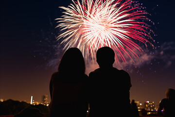 Fototapeta na wymiar silhouette from behind of a young couple sitting outdoors at night watching a fireworks display