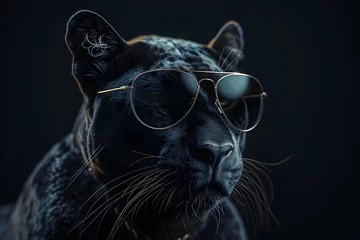 Deurstickers Mysterious Black Panther with Glossy Fur Showcasing Elegance in Reflective Aviator Sunglasses on a Dark Background © AiHRG Design