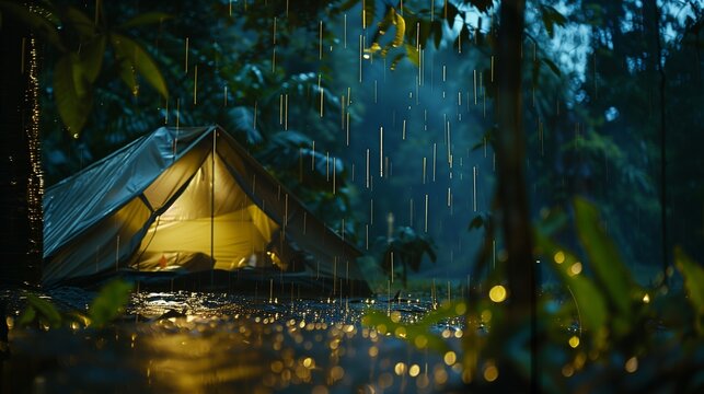 Raindrops delicately patter on a tent in the tranquil tropical forest, calmness, and peace, fostering a serene backdrop for meditation, camping, and nighttime relaxation.