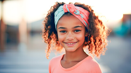 Smiling girl with afro curls, orange tee, pastel headband outdoors on sunny day.