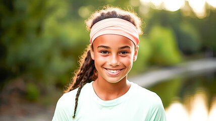 Portrait of girl with wavy hair, wearing salmon pastel headband, grinning under warm sunlight.