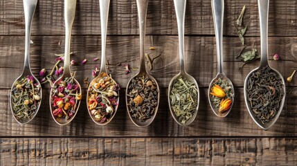 assortment of dry tea in spoons, on wooden background - obrazy, fototapety, plakaty