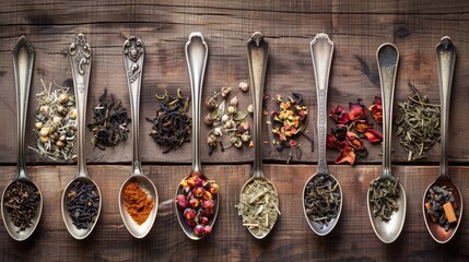 assortment of dry tea in spoons, on wooden background - obrazy, fototapety, plakaty