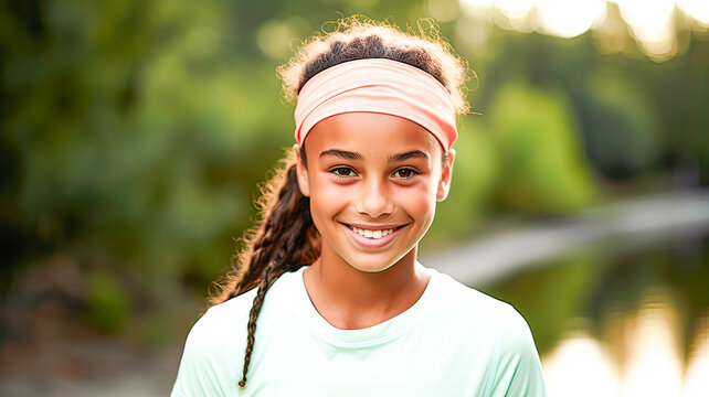 Portrait of mulatto girl with wavy hair, wearing salmon pastel headband, grinning under warm sunlight.