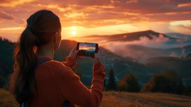 Anonymous female traveler in casual sweater taking picture of amazing landscape with mountains and sunset sky on smartphone during vacation