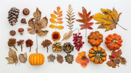 Autumn composition. Dried leaves, pumpkins, flowers, rowan berries on white background. Autumn, fall, halloween, thanksgiving day concept. Flat lay, top view, copy space - obrazy, fototapety, plakaty