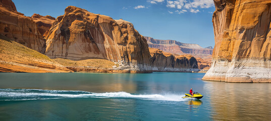 Man riding a jet ski on a desert mountain lake - obrazy, fototapety, plakaty