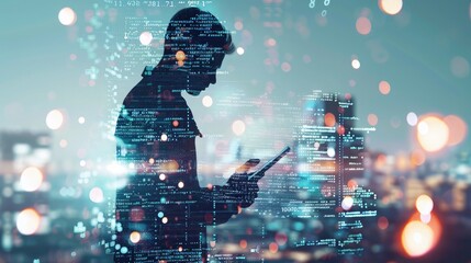Business and technology, software development, IoT concept. Double exposure, man programmer, software developer working on digital tablet and smart city with binary, html computer code on screen
