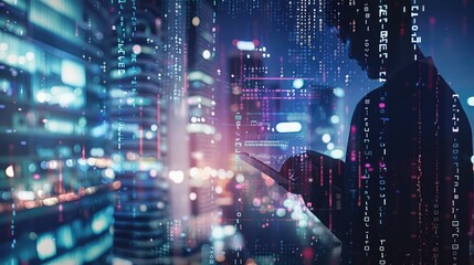 Business and technology, software development, IoT concept. Double exposure, man programmer, software developer working on digital tablet and smart city with binary, html computer code on screen
