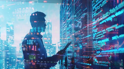 Business and technology, software development, IoT concept. Double exposure, man programmer, software developer working on digital tablet and smart city with binary, html computer code on screen