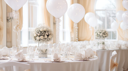 Zastawa stołowa na przyjęciu urodzinowym lub chrzcinach - dekoracja stołów na przyjęciu przez florystę i dekoratora. Piękne bukiety kwiatów na stoliku i balony - obrazy, fototapety, plakaty