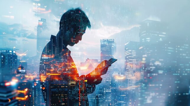 Business and technology, software development, IoT concept. Double exposure, man programmer, software developer working on digital tablet and smart city with binary, html computer code on screen