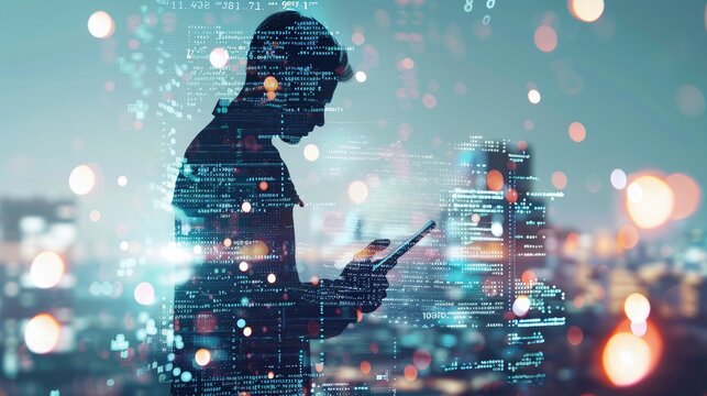 Business and technology, software development, IoT concept. Double exposure, man programmer, software developer working on digital tablet and smart city with binary, html computer code on screen - Powered by Adobe