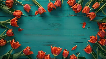 Frame of tulips on turquoise rustic wooden background. Spring flowers. Spring background. Greeting card for Valentine's Day, Woman's Day and Mother's Day. Top view.