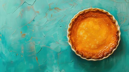 Fototapeta na wymiar Fresh round bright orange homemade pumpkin pie in baking dish on turquoise table