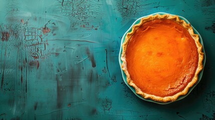 Fresh round bright orange homemade pumpkin pie in baking dish on turquoise table - obrazy, fototapety, plakaty