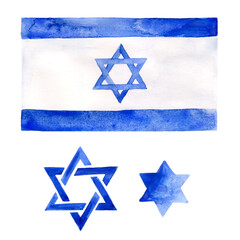 Israel flag with star of David. Watercolor illustration on white background. Jewish consept. Set of blue stars. - 738376972