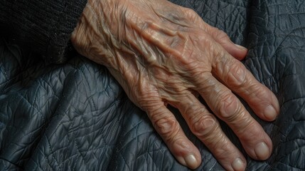 Fototapeta premium Parkinson disease patient, Alzheimer elderly senior, Arthritis person's hand in support of nursing family caregiver care for disability awareness day, National care givers month, ageing society