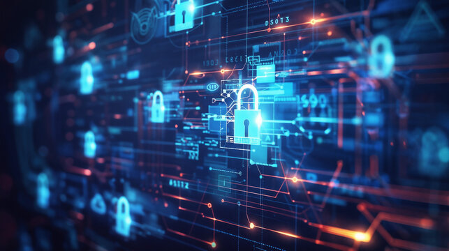 Digital Concept of Cybersecurity Displaying Glowing Blue Padlock Icons as a Metaphor for Network Security & Data Protection, Integrated with Graphic Elements Representing Digital Processes & Data Flow