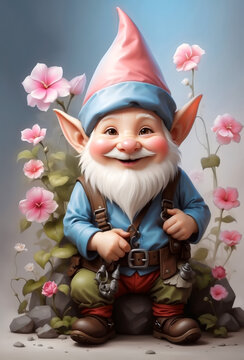 GNOME AMONG FLOWERS. VERTICAL. COLOR.