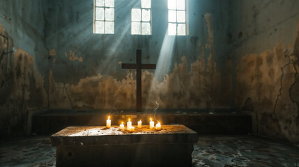 Rustic Chapel Interior with Glowing Candles, Wooden Cross on Bench, Aged Walls, Dramatic Lighting from a Vertical Window Illuminating Dust Particles, Mystical Atmosphere, Place for Worship or Contempl