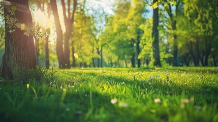 Fototapeta premium Spring Nature. Beautiful Landscape. Park with Green Grass and Trees. Tranquil Background