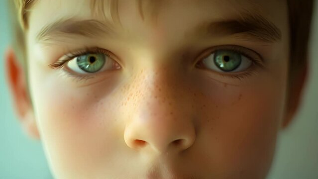 A teenage boy avoids eye contact with a sense of mistrust towards those around him, Close Up of a Young Boy With Blue Eyes