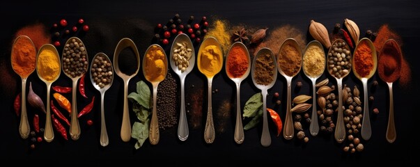 Fototapeta premium Various of colorful herbs and spices in spoons for cooking on wooden table. Asian, Italian or Indian seasoning. Cumin, chili pepper, curry powder, salt, pepper, garlic, cinnamon. Flat lay, top view