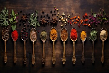 Various of colorful herbs and spices in spoons for cooking on wooden table. Asian, Italian or Indian seasoning. Cumin, chili pepper, curry powder, salt, pepper, garlic, cinnamon. Flat lay, top view - obrazy, fototapety, plakaty