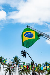 Brazil Flag Haning inn Blue skies on Sunny Day in Santos Sao Paolo Brazil
