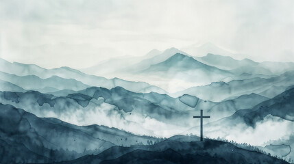 Monochromatic Artistic Landscape of Mountainous Region with Solitary Cross Symbolizing Christian Faith, Spirituality, Memorialization, Serene Watercolor Style Scenery Embodying Atmospheric and Somber 