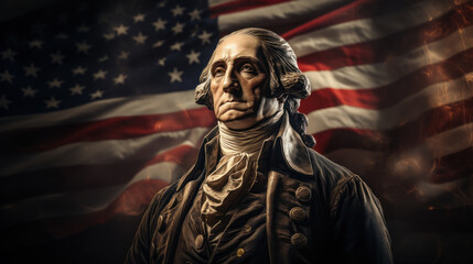 Statue of George Washington, american flag on the background - obrazy, fototapety, plakaty