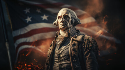 Fototapeta na wymiar Statue of George Washington, american flag on the background