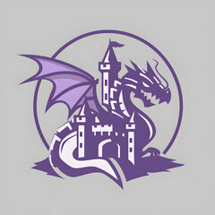 A logo illustration of a dragon and a castle on gray background. Created with generative AI.