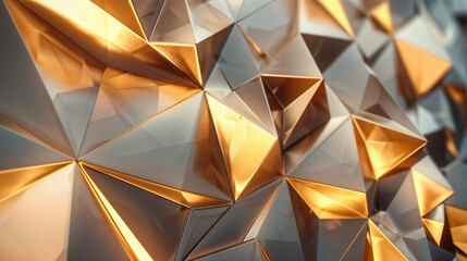 Luxurious 3D Geometric Pattern, Intricate Diamond and Triangle Shapes, Golden Metal Surface, Artistic Wall Installation, Modern Aesthetic, Decorative Metallic Panel with Depth, Reflections, and Shadow