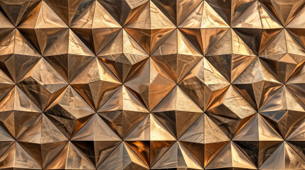 Luxurious 3D Geometric Pattern, Intricate Diamond and Triangle Shapes, Golden Metal Surface, Artistic Wall Installation, Modern Aesthetic, Decorative Metallic Panel with Depth, Reflections, and Shadow