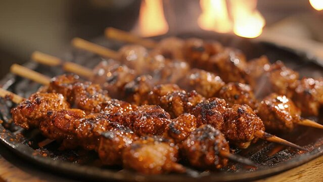 A plate of sizzling skewers each one dd in a mouthwatering blend of cayenne pepper and garlic perfectly charred from the blazing grill behind it.
