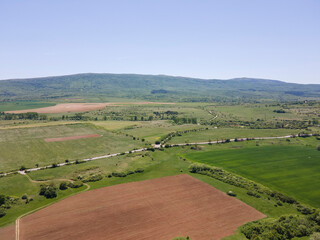 Fototapeta na wymiar Spring Aerial view of rural land near town of Godech, Bulgaria