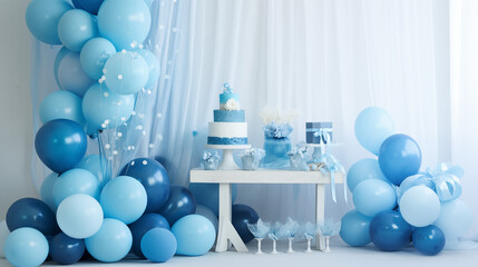 Baby shower - urodzinowe przyjęcie dla matki dziecka. Płeć chłopiec lub dziewczynka. Stół pełen deserów, ciast, tort z balonami i dekoracjami - obrazy, fototapety, plakaty