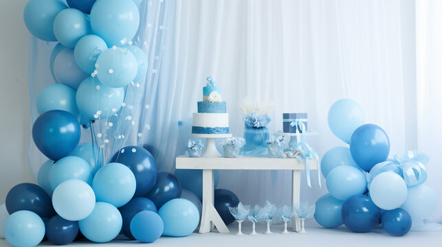 Baby shower - urodzinowe przyjęcie dla matki dziecka. Płeć chłopiec lub dziewczynka. St&oacute;ł pełen deser&oacute;w, ciast, tort z balonami i dekoracjami