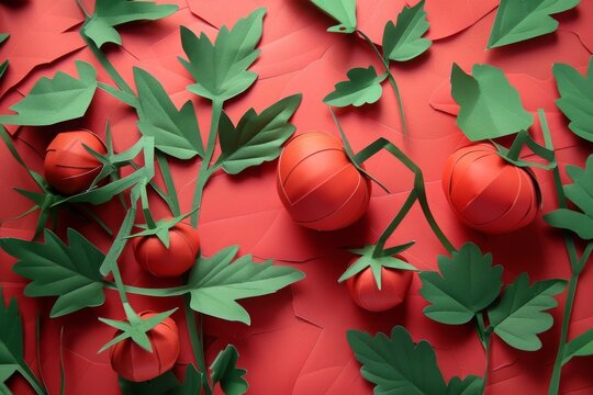 Tomato Branches Layered Paper Cut Art Illustration. Trendy Paper Collage Of Vegetables Tomatoes In Applique Technique. Concept Of Creative Background. Origami Style