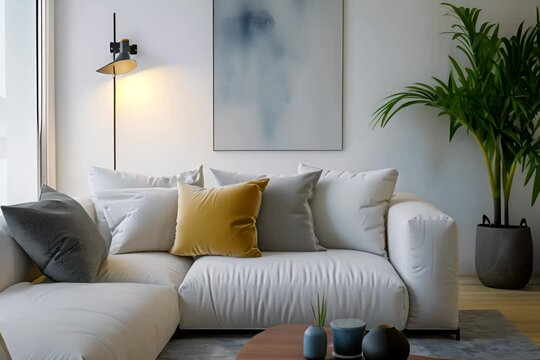 Modern living room with a white couch, yellow and gray pillows, a potted plant, and wall art.