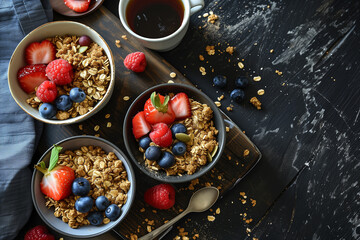 Obraz na płótnie Canvas A healthy breakfast. Oatmeal muesli crumble with fresh berries, seeds in a bowl on a dark wooden board and cups of coffee on a black background, top view, copy space