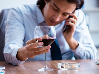 Male employee drinking alcohol and smoking cigarettes at workpla