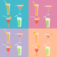 Pattern set with cocktails, vector flat design