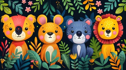 Fototapeta premium Cute animals illustration. Tropic jungle animals: koala, bear, leon.