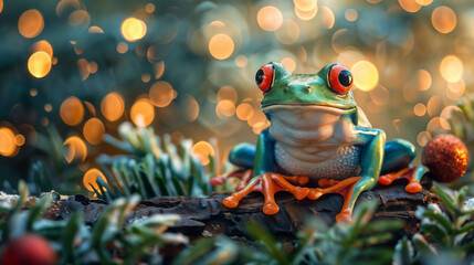 Festive Frog Posing on a Log, Vibrant Green Natural Backdrop with Bokeh Effect, Whimsical and...