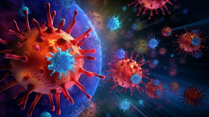 Fototapeta na wymiar A 3D rendering vividly showcases a cluster of coronaviruses, marking the active battleground of an immune response in a mesmerizing display of color and form.
